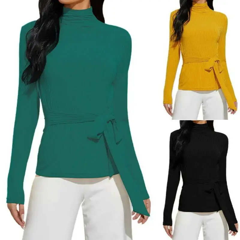 Womens Long Sleeve High Neck T-Shirt Ladies Casual Slim Tops Belted Shirts Tee