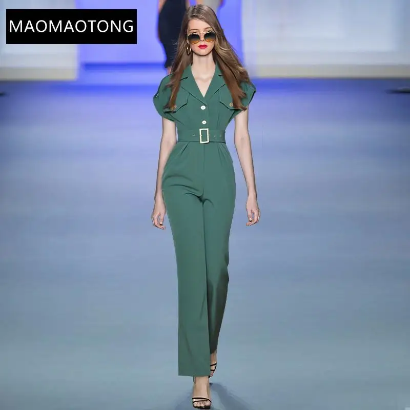 

Summer Fashion Runway Bodysuit Women Short Sleeve Sashes Pockets Patchwork Jumpsuit Trousers Romper