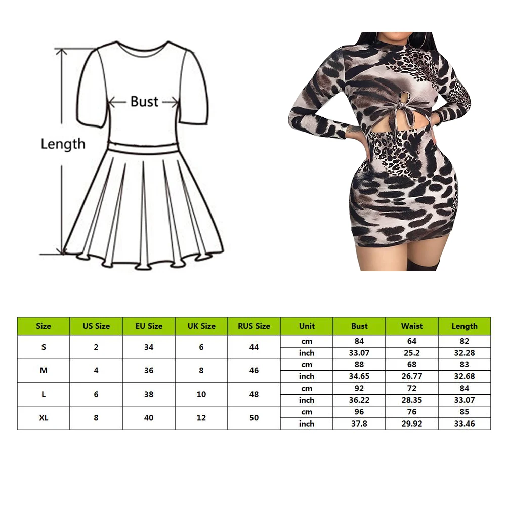 Women Long Sleeve Bandage Bodycon Evening Party Club Short Mini Dress Leopard Print Sexy Female | Женская одежда
