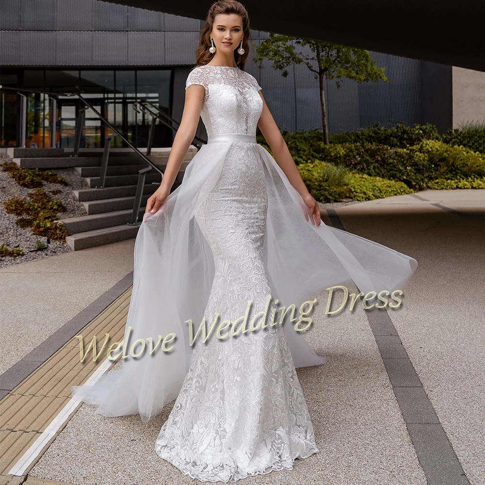 Luxury 2 in 1 Detachable Wedding Dress 2021 White Mermaid Bridal Gowns For Bride O Neck With Short Sleeves Button Back Vestidos | Свадьбы и