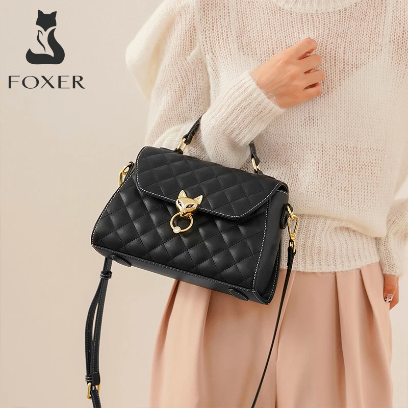 

FOXER Brand Classic Handbags for Women Soft Cow Leather Lady Fashion Shoulder Bags Casual Totes Female Cross body Lattice Purse