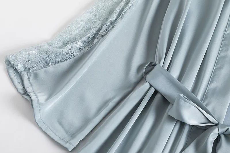 

Women Sleepwear Sexy Intimate Lingerie Kimono Gown Satin Nightgown Lace Patchwork 2PCS Robe Set Home Clothes Silky Nightdress