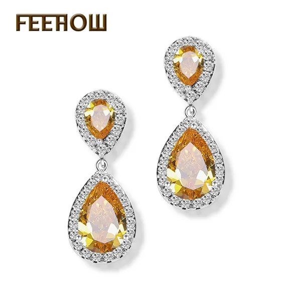 Yellow FEEHOW, модные элегантные свадебные ювелирные изделия, розовое золото, цветная слеза, кубический циркон, висячие серьги для женщин, Свадебная вечеринка FWEP091 - Окраска металла: Yellow