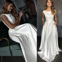 simple new satin a line wedding dresses with pocket elegant sleeveless o neck floor length bridal gowns bride robes de soir%c3%a9e