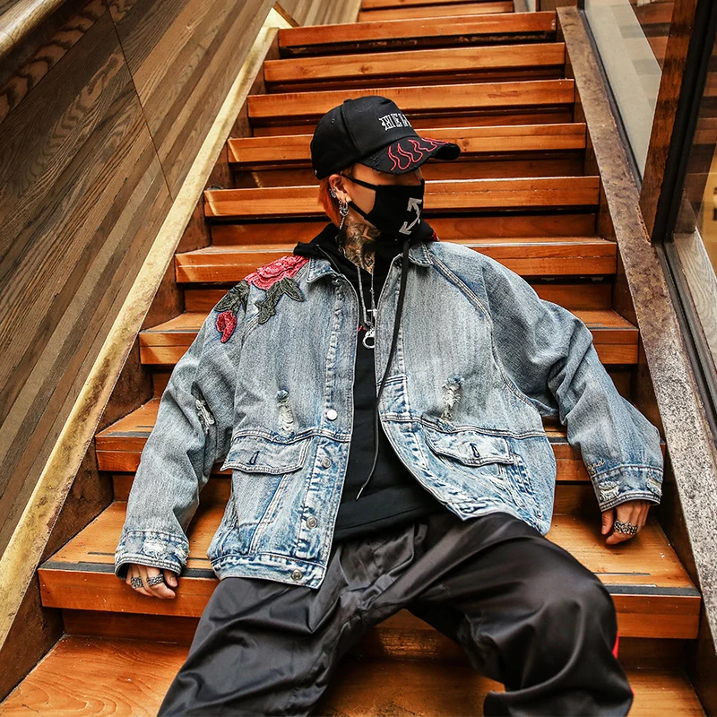 

Jeans Jacket Rose Embroidery Coat Mens Bomber Jackets And Coats US Size S-XL