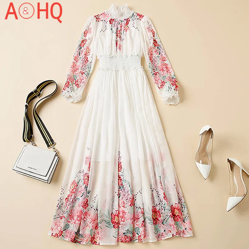 

Runway High Quality Autumn New Women'S Party Casual Vacation Elastic Band Long Sleeve Flowers Print Chiffon White Midi Dress