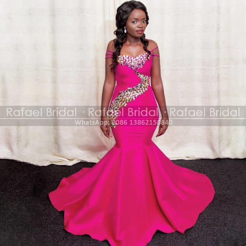 

Hot Pink Satin Long Prom Dresses With Sequins Sweetheart Mermaid Off Shoulder African Women Prom Dress Robe De Soiree De Mariage