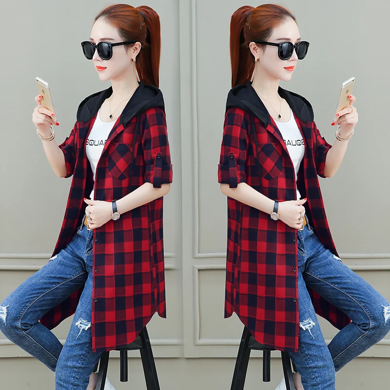 Рубашка женская в клетку свободная Длинная блузка стиле Харадзюку стильный