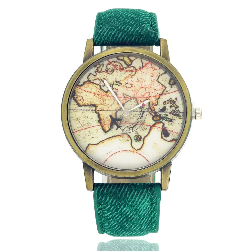 Часы с картой самолета Женские винтажные наручные часы из джинсовой кожи