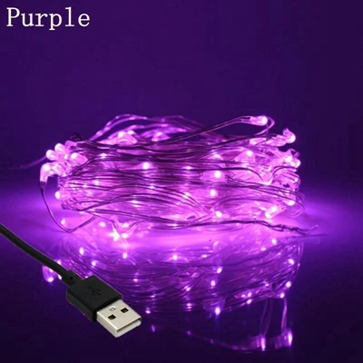 Purple Светодиодный светильник, 5 м, 10 м, 20 м, медный, Серебряный провод, водонепроницаемый, праздничный светильник ing для феи, Рождества, свадьбы, вечеринки, украшения, DC5V, USB - Испускаемый цвет: Purple
