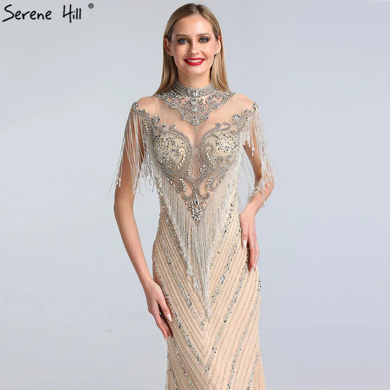 Дубай Бисероплетение кисточкой роскошные сексуальные вечерние платья серебро без рукавов высокого класса вечерние платья Serene Хилл LA60811