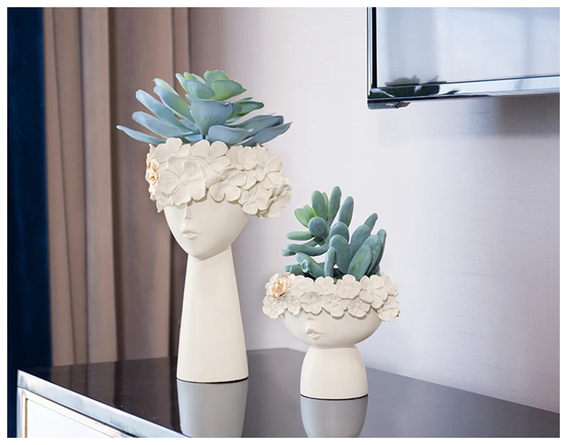 Nordic Creative Human Head Vase Sundries Storage Box Decorative Resin Vase Garden Sculpture Home Model Room Decoration Ornaments