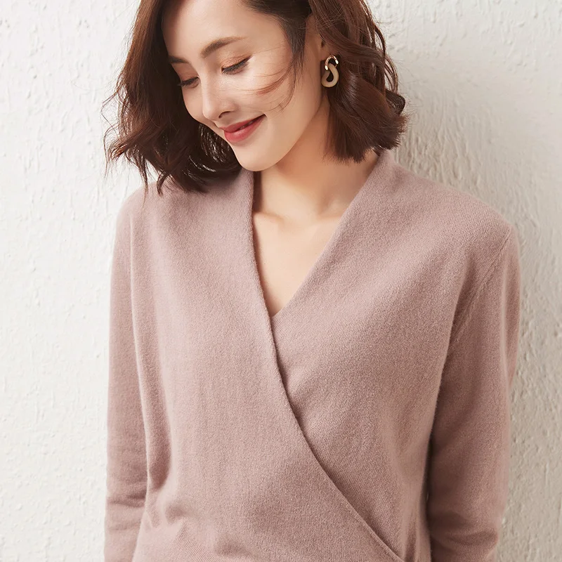 

2021 Autumn Winter New Cashmere Sweater Woman cross V-Neck Pullover Sexy Knitted Tops 100% Pure Wool Female Jacket Long Sleeves