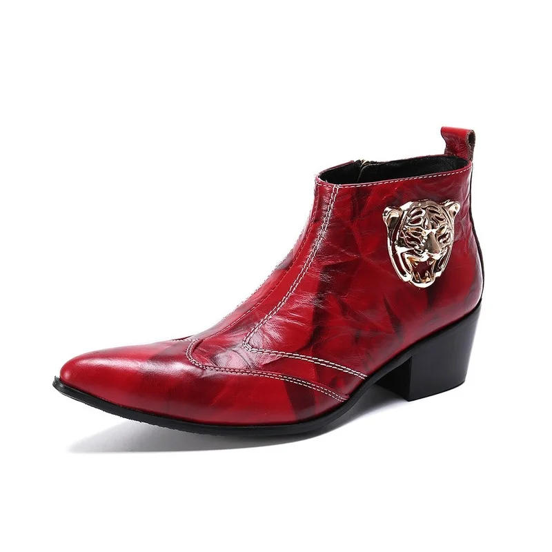Женские мужские ботильоны из мягкой кожи с острым металлическим носком красные