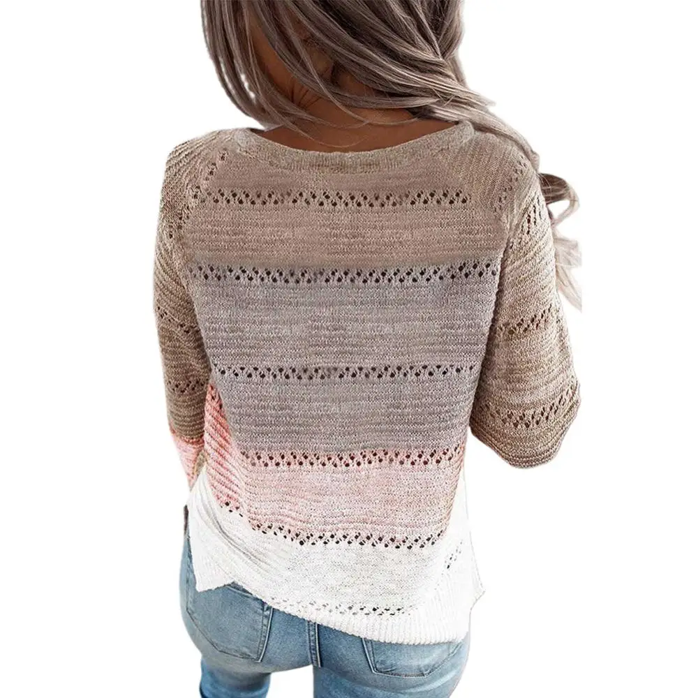 

Top Long Sleeve Sweater Hollow Autumn Women Color Block Knitted Jumper Women's Winter Out