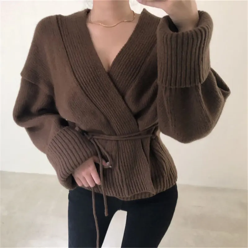 

Woman Lace-Up Sexy V-Neck Loose Cardigans New Fashion Short Knit Sweaters Khaki Autumn Casual Kintted Open Cardigan Jacket Coat