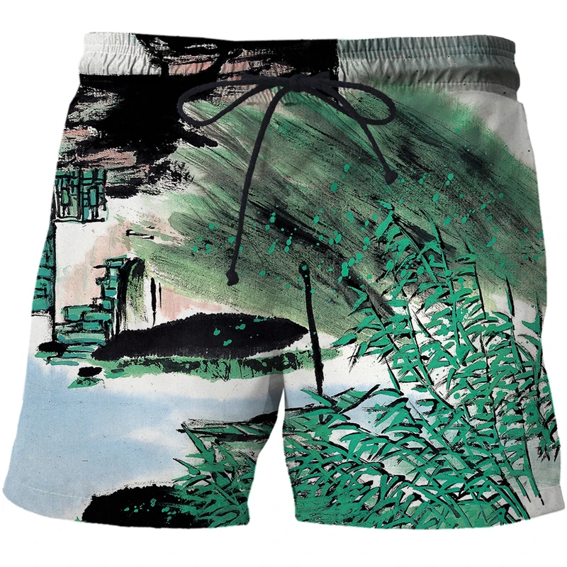 2021 New Chinese brush painting Fashion hot Mens clothing Casual 3D Printed Beach Shorts Board Shorts Quick Dry Shorts Swimsuit