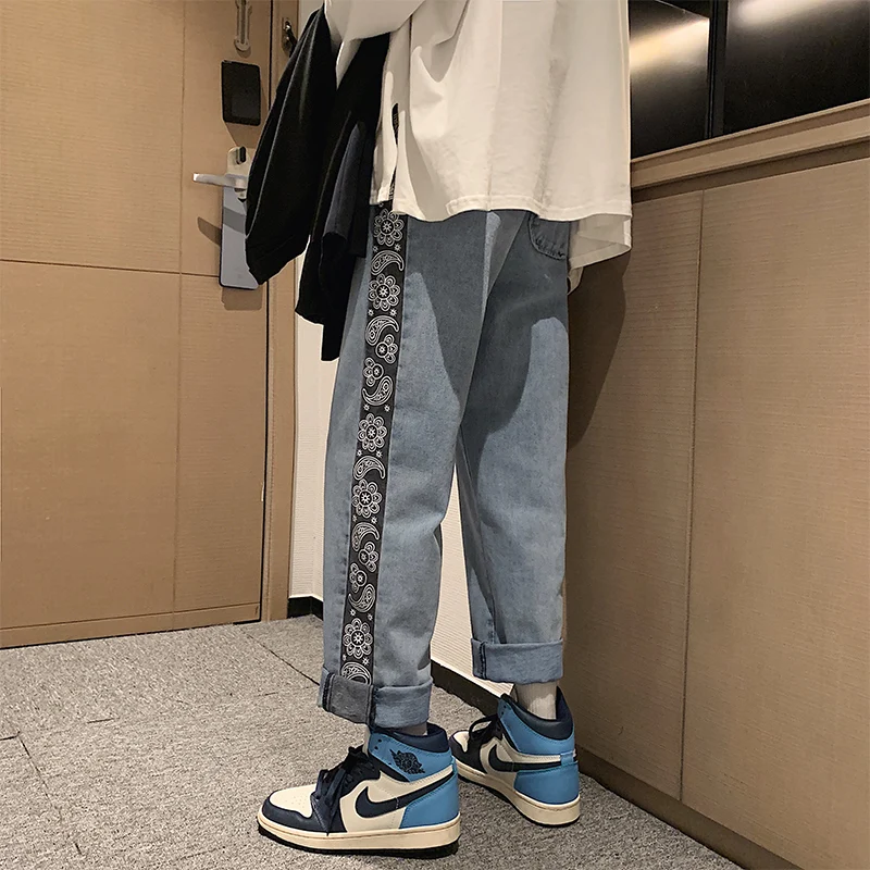 

Cashew flower jeans men's spring loose drop feeling straight baggy pants denim korean streetwear Panic buying Time limited