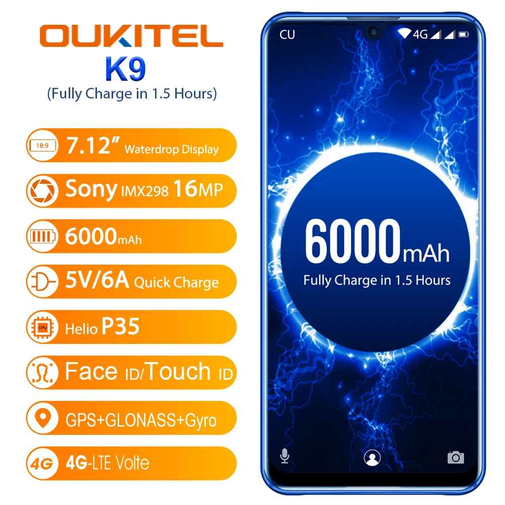 OUKITEL K9 мобильного телефона 6000 мА/ч, Батарея 4 Гб 64 Гб 7,1" FHD+ безрамочный экран капли воды Дисплей 5 V/6A Quick Charge 16MP/8MP Face ID смартфон