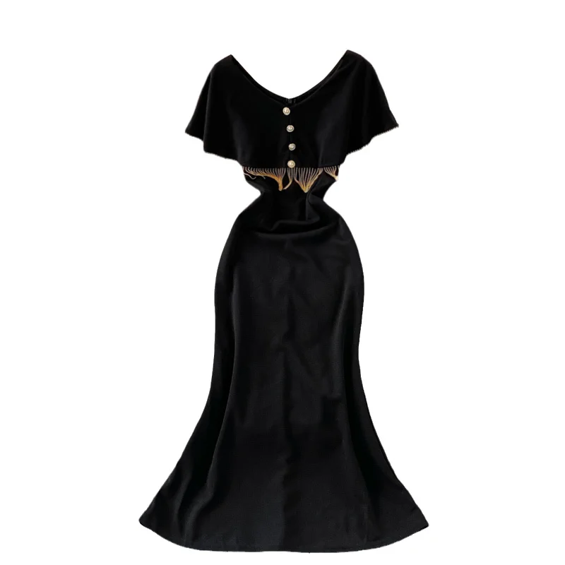 

Ruffle Cape sleeve tassel stitching fishtail Hip Wrap Dress long dress V-neck high waist slim summer dress