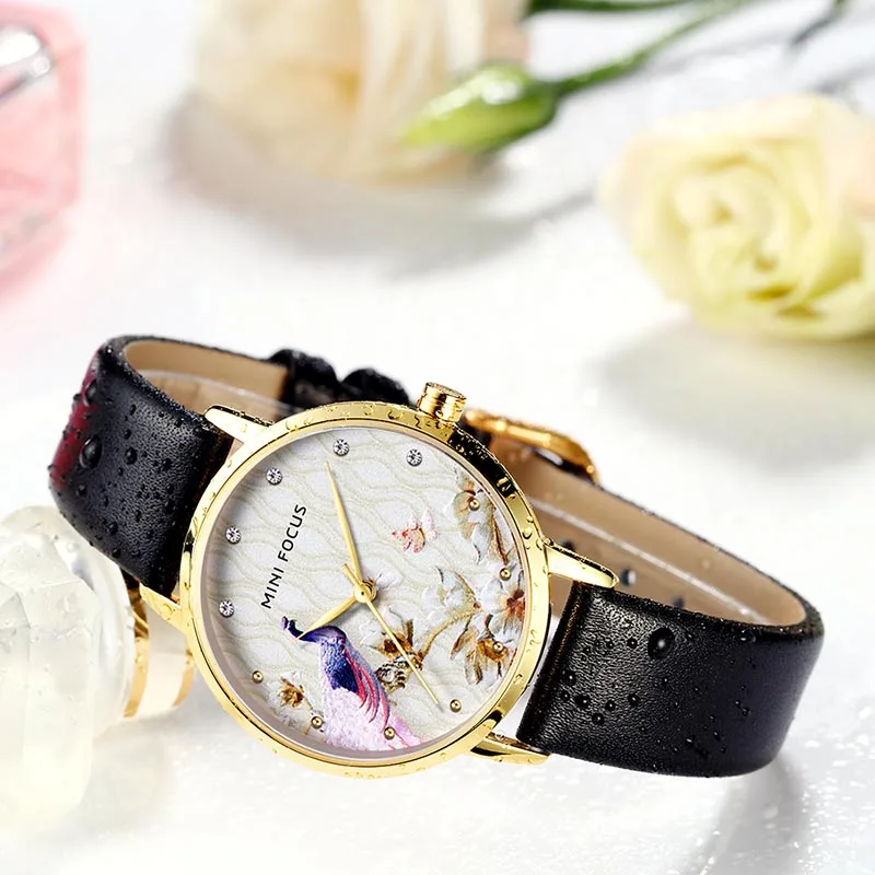 Женские часы MINI FOCUS водонепроницаемые черные кварцевые с кожаным ремешком