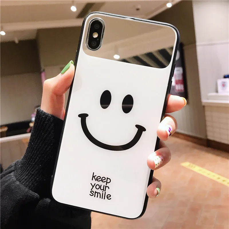 

Luxury Cute Smile Lanyard Tempered Glass Phone Case For iPhone 12 11 Pro Max XSmax XR X SE 8 7 6 Plus Mirror Silicone Cover