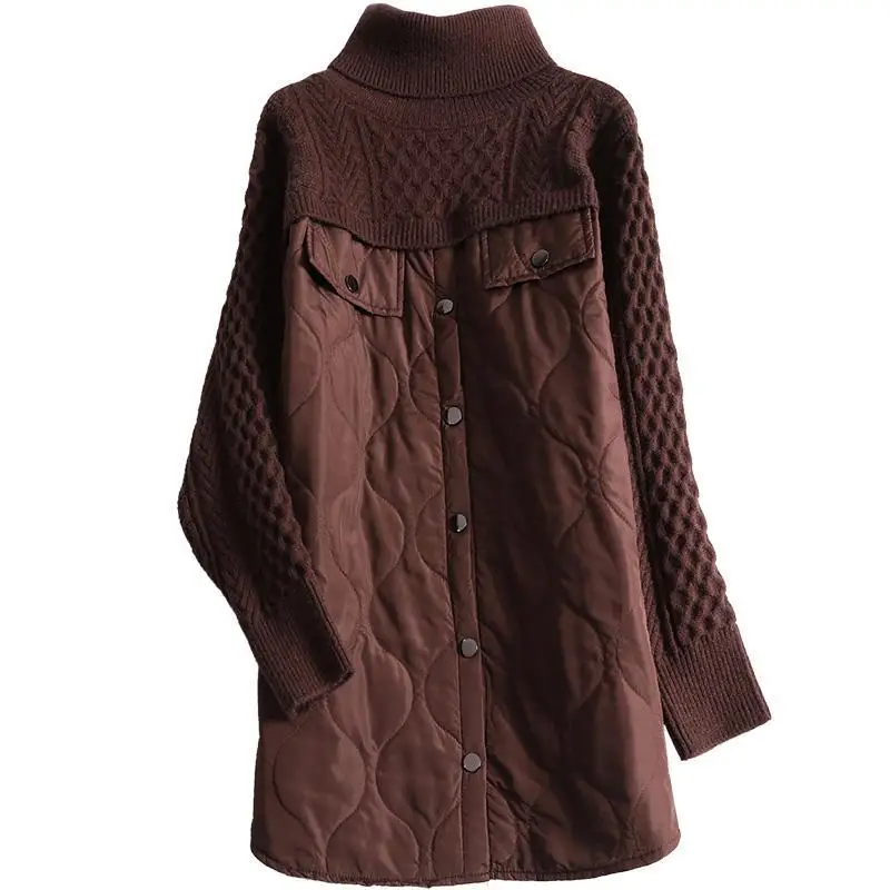 

Patchwork Cotton -Padded Jacket Fall Winter Fashion Mid-Length Fake Two - Piece Knitted Sweaters Loose High Collar Coat