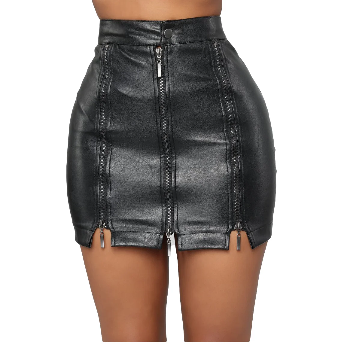 

High waist buttocks nightclub PU leather zipper splicing bandage black leather skirt