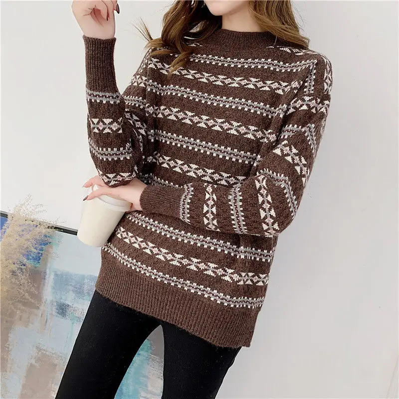 2019 autumn and winter new trend retro printed sweater female students Korean version of the loose striped | Женская одежда