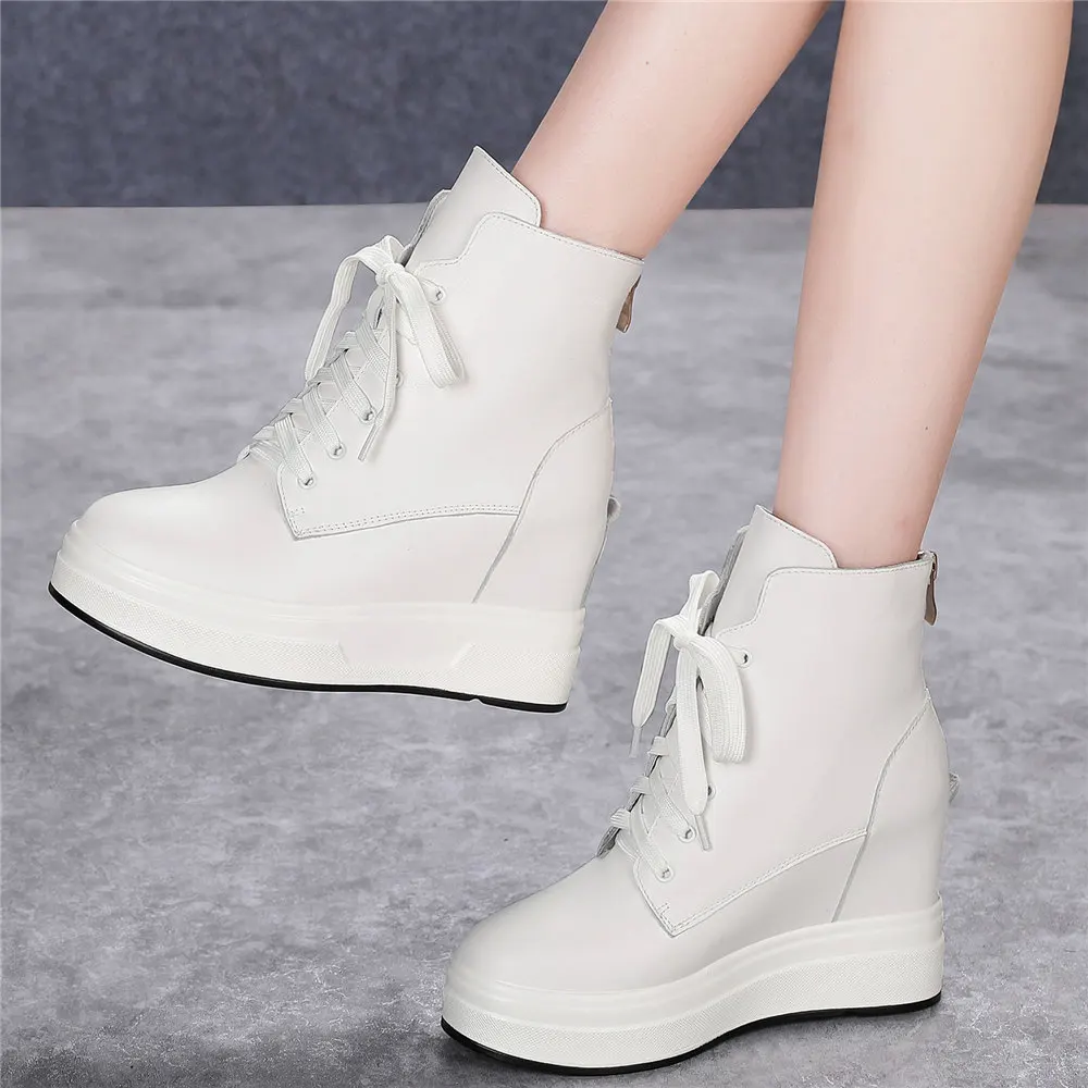 Fashion Sneakers Women Genuine Leather Wedges High Heel Ankle Boots Female Winter Round Toe Platform Pumps Shoes Casual Shoes