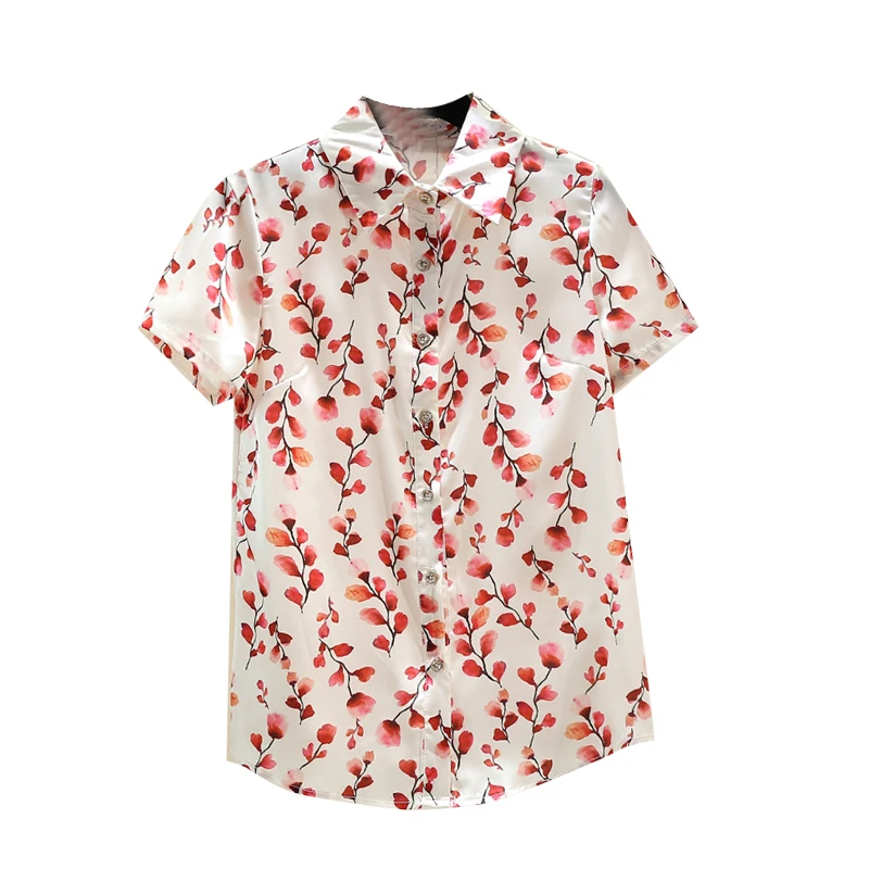 

Plus Size Shirts Women 2021 Summer New Short Sleeve Tops Temperamental Floral Print All-Match Slim-Fit Satin Shirt Camisas Mujer
