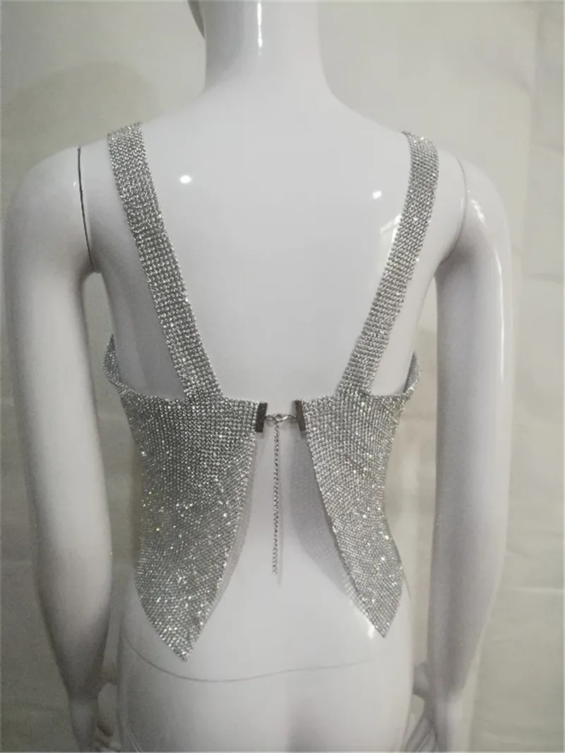 

Fashion Crystal Vest Women Tube Tops Party Tank Metal Mesh Strap Bling Bling Diamonds Neck Halter Backless Sexy Camis