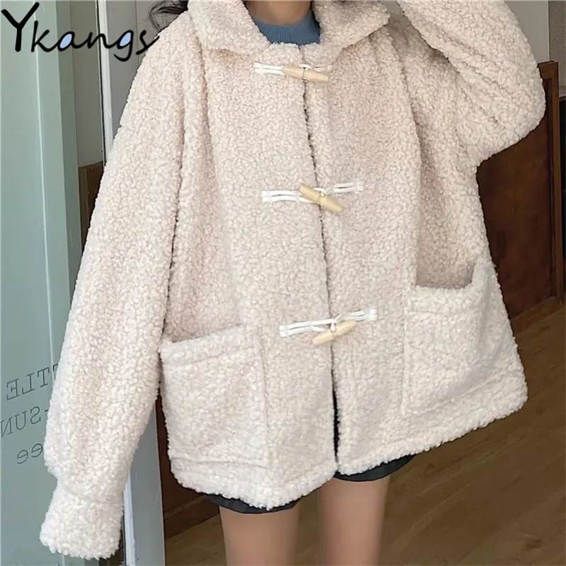 

New Winter Horn Buckle Lamb Wool Women's Coat Korean Wild Lapel Ladies Quilted Coats Fashionable Long Sleeves To Keep Warm Parka