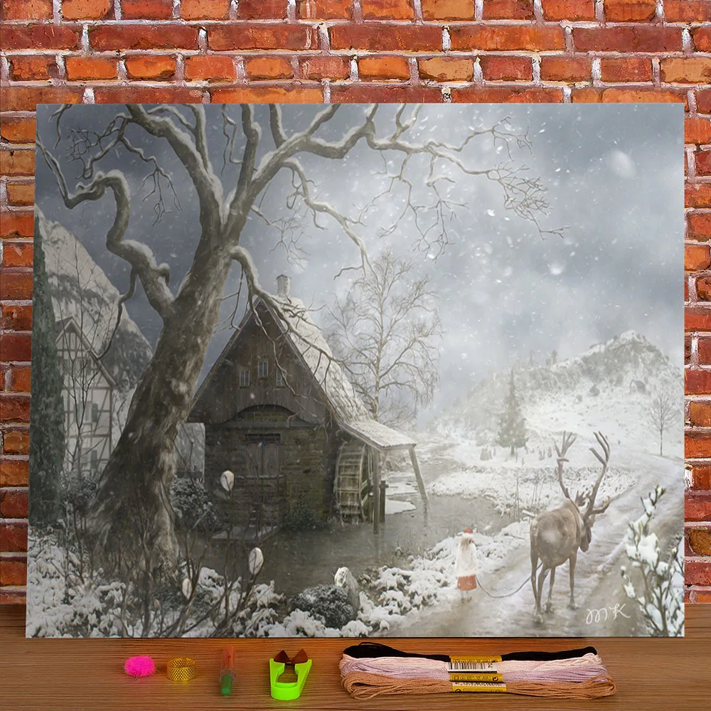 

Christmas Elk Pre-Printed 11CT Cross-Stitch Patterns DIY Embroidery DMC Threads Sewing Knitting Craft Handmade Stamped