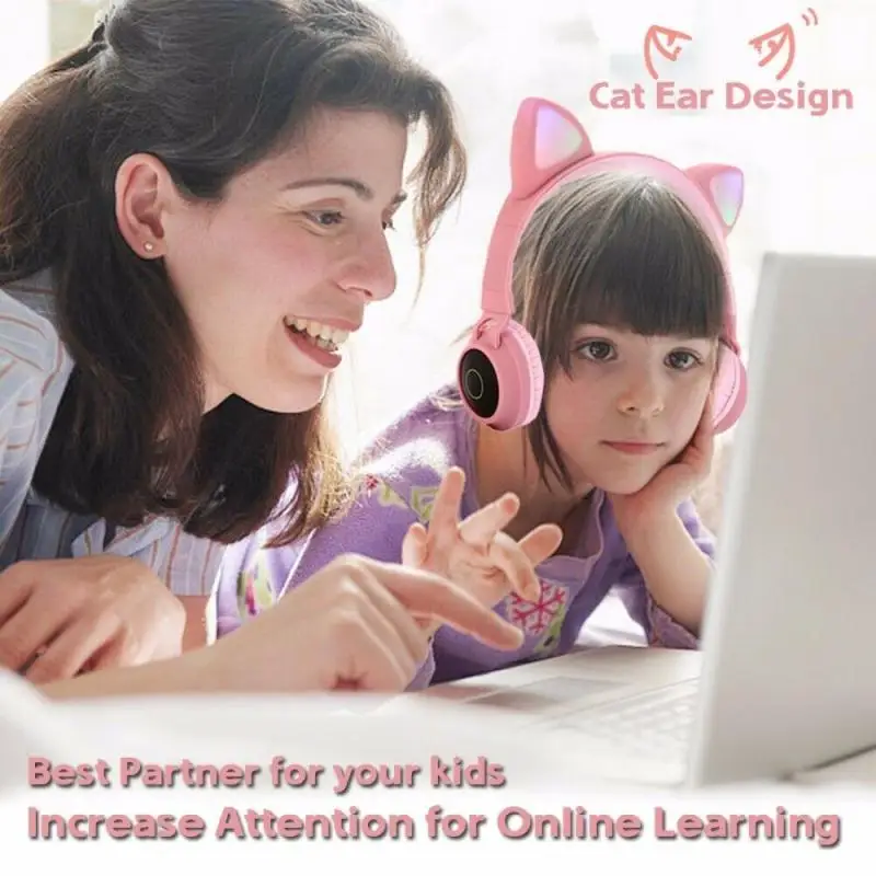 Шумоподавляющие LED наушники с кошачьими ушами молодежные Bluetooth 5.0 детские