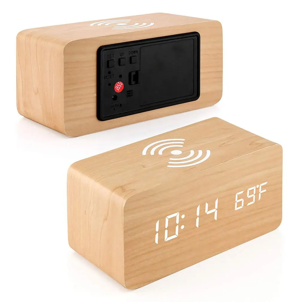 LED Digital Clock Wooden Alarm Table Voice Control Electronic Desktop With Wireless Charging | Дом и сад