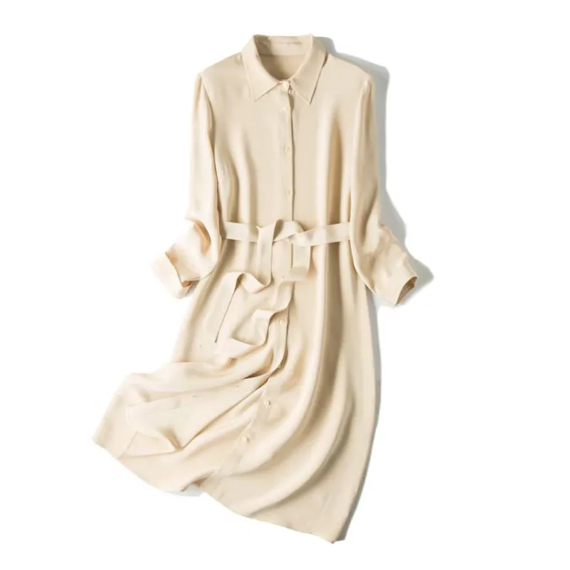 Платье рубашка женское из натурального шелка с длинным рукавом и поясом|natural silk