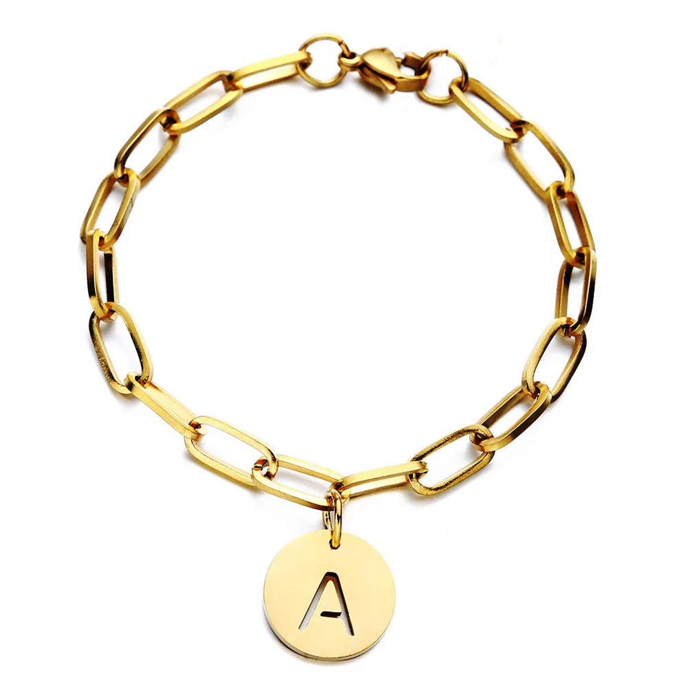 Купи A-Z Initial Letter Bracelet For Women Girls Gold Color Stainless Steel Chain Alphabet Charm Bracelet New Fashion Jewelry A299 за 451 рублей в магазине AliExpress