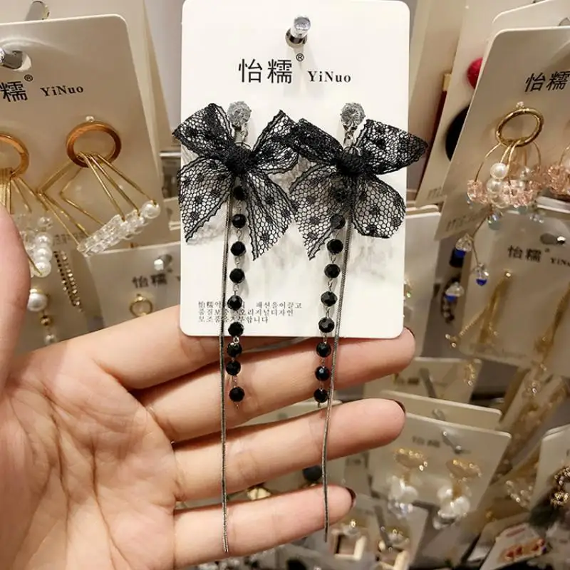 Корейские новые индивидуальные длинные серьги с кружевными бантами и кисточками