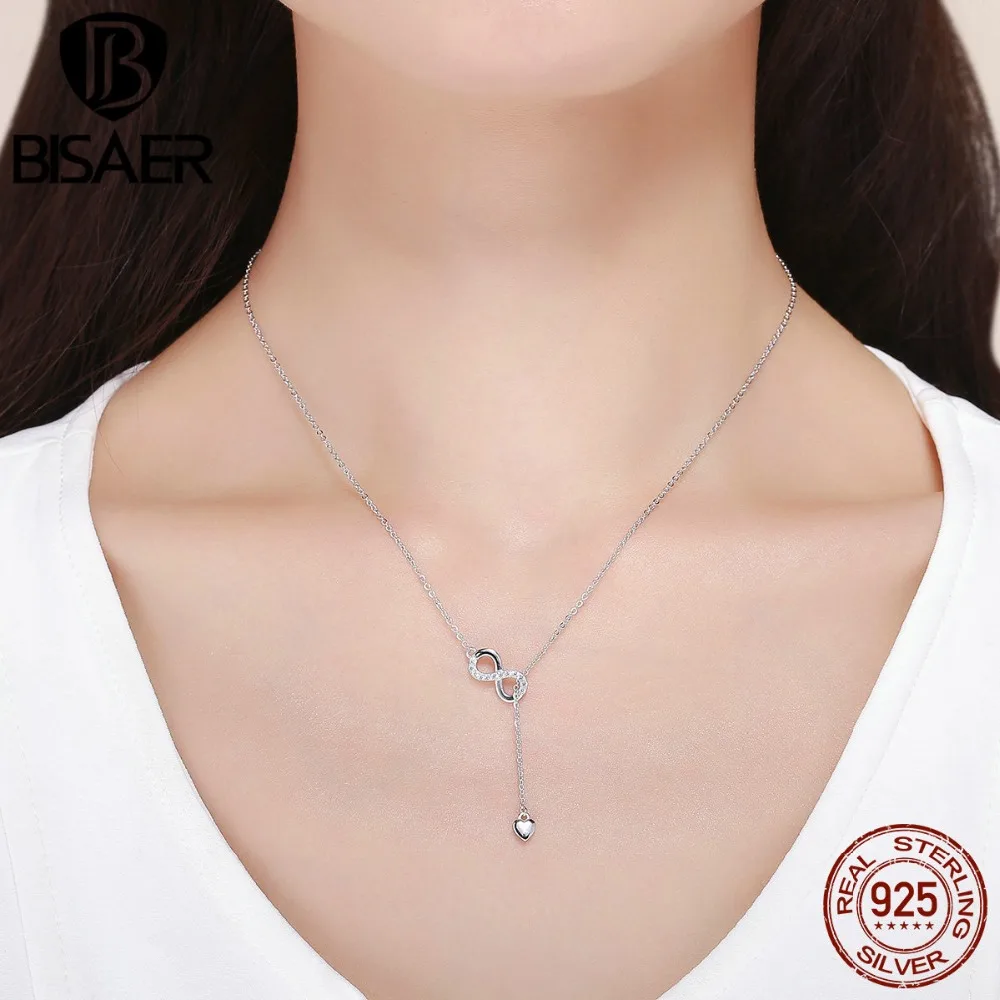 BISAER, настоящее 925 пробы, серебряное, Бесконечная любовь, Y, ожерелье для женщин, свадебная подвеска и ожерелье, Стерлинговое Серебро, ювелирное изделие, GXN223