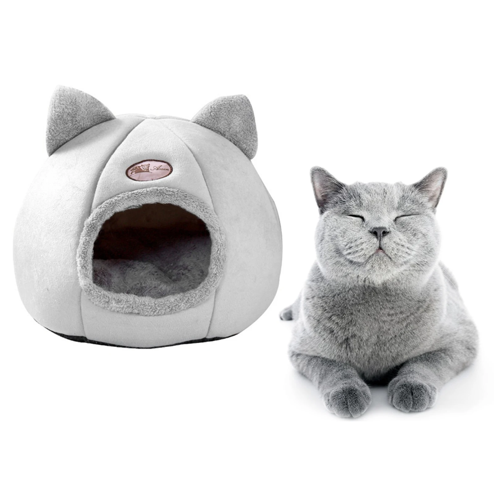 

Pet Cat Bed Cave Small Wool Cozy Pet Igloo Cushion Winter House Nest Kennel Gray