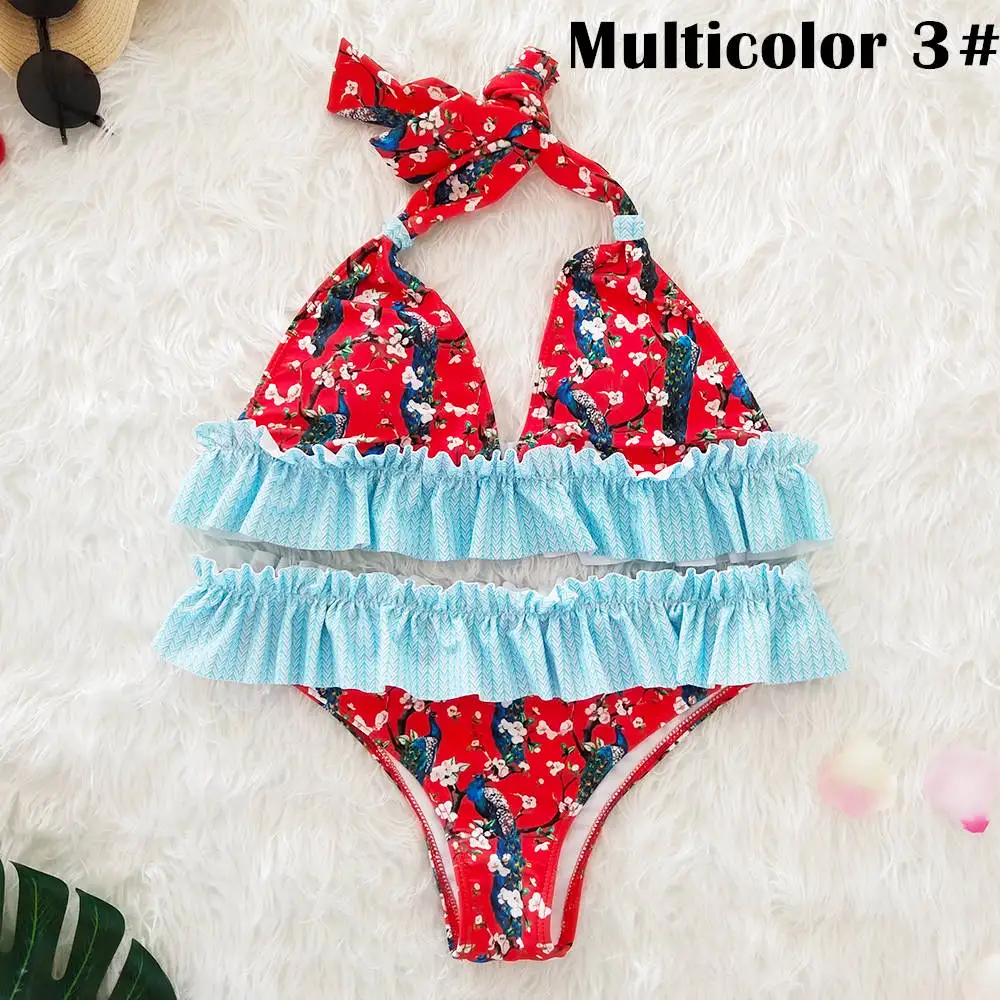 Multicolor 3 Цветочный купальник с бретелькой через шею, сексуальный, бикини для женщин, гофрированный купальник-бикини треугольной формы с v-образным вырезом, купальный костюм, пляжная одежда с открытой спиной, бикини - Цвет: Multicolor 3