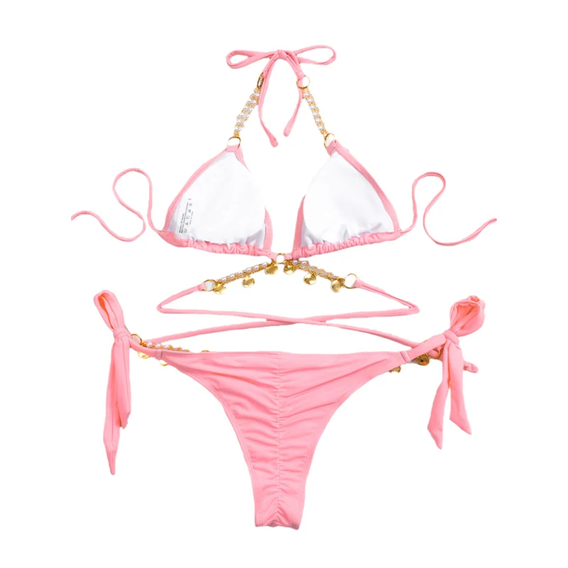 

New Sexy Thong Bikini Women Swimsuit Push Up Swimwear Crystal Pendant Bikini Set Brazilian Bathing Suit Beachwear Swimming Suit