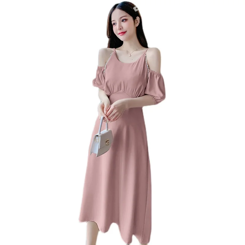 

Korean Chic Design Sense Pearl Strapless Sling Dress Women Summer New Slim and Thin Mid-length Solid Color Dresses Female