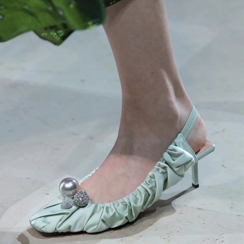 

Women's Pumps 2021 Spring Single Shoes Goddess Temperament Style Pearl Irregular Fold Thin Heels Slingbacks Sandals Square Toe
