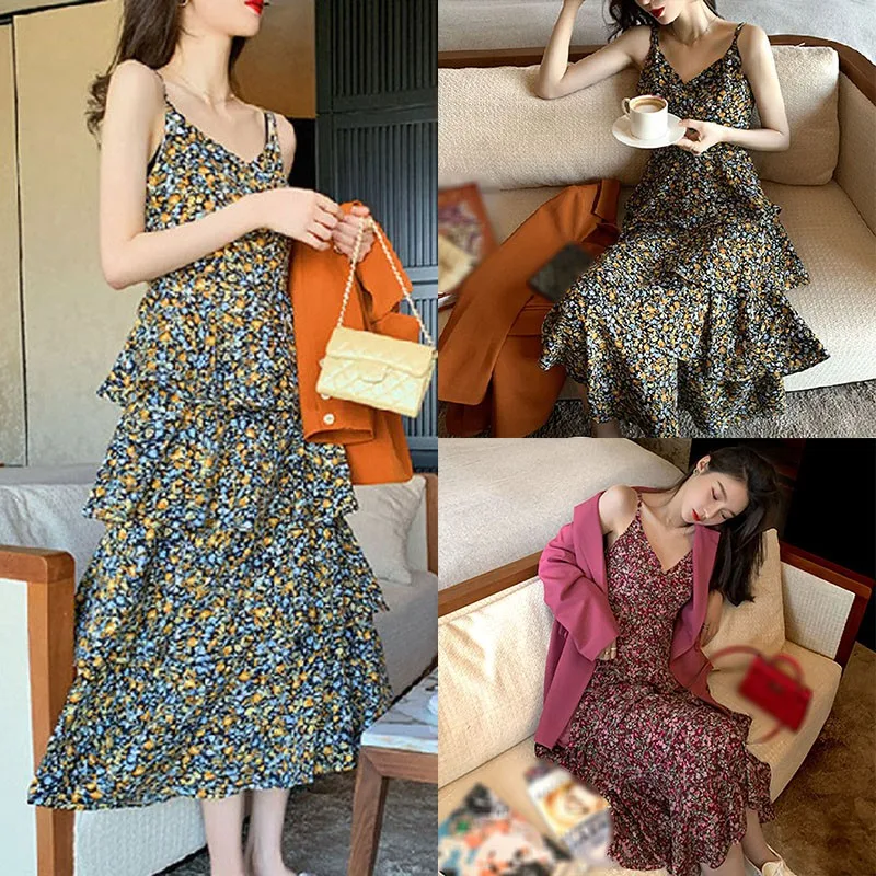 

Summer Beach Midi Length Dress Sleeveless Women Floral Print Boho Long Dress Ruffles Wrap Casual V-Neck Sexy Party Dress