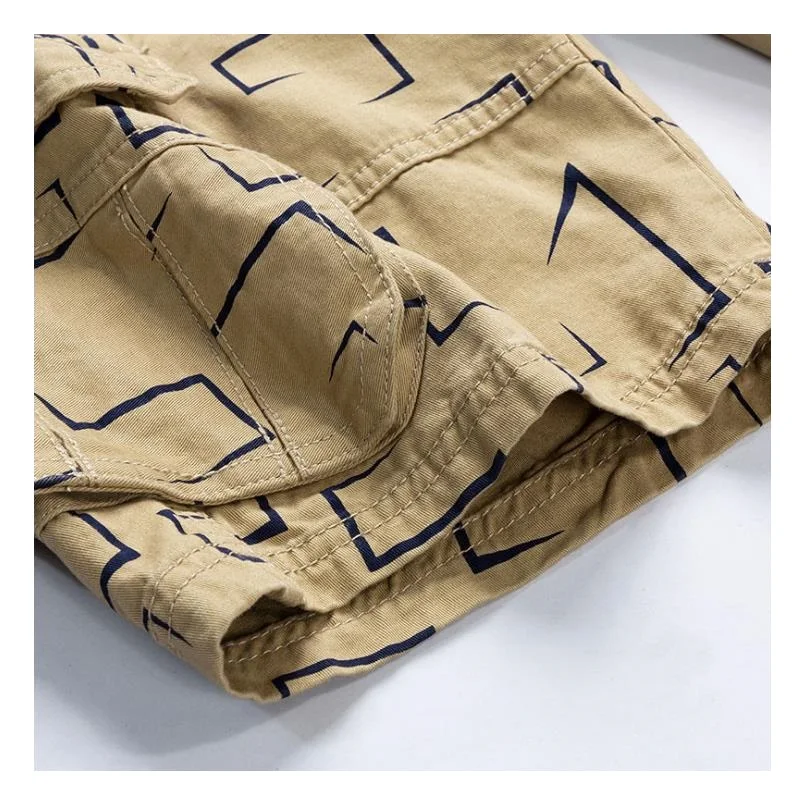 

2021 cotton Work Shorts men's summer solid color Multi Pocket geometric printing Capris men's mid pants