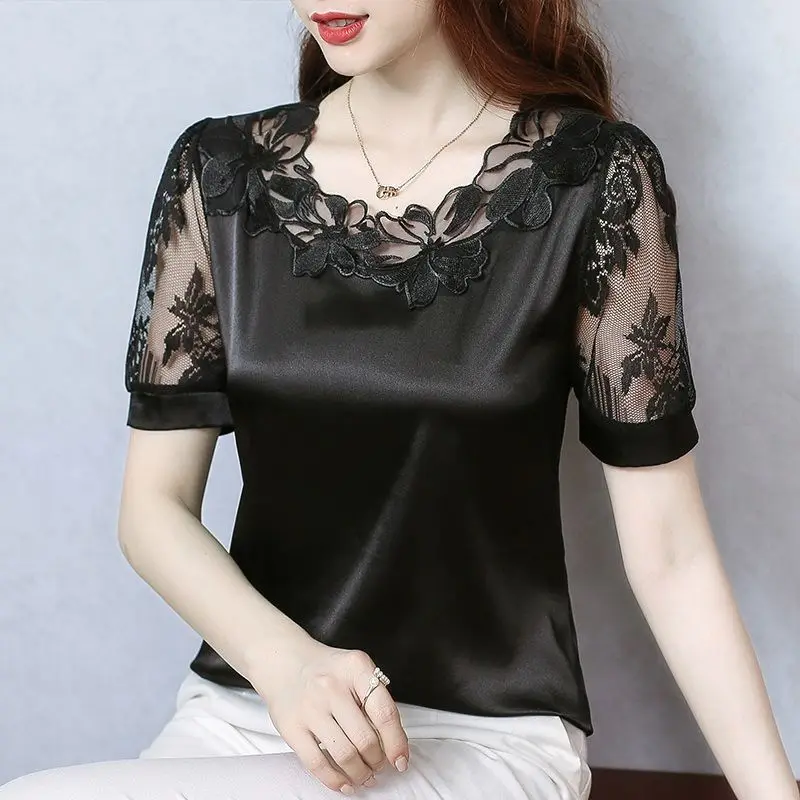 

New Women Blouses Casual Lace Patchwork Hollow Shirt Summer Elegant Office Lady Plus Size Satin Silk Blouse Basic Chiffon Tops