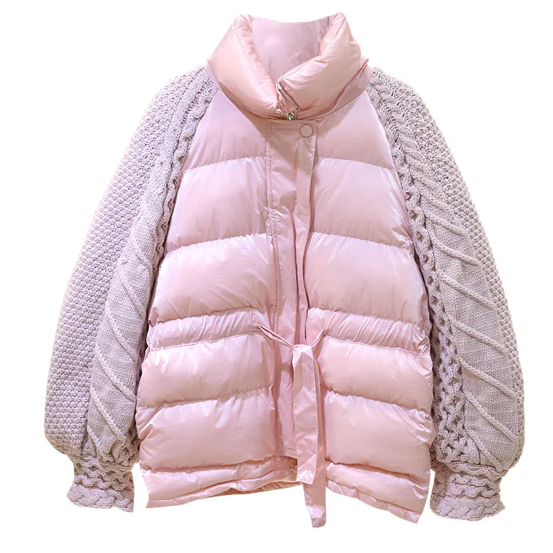 2022 Winter Coat Fashion Knitted Lantern Sleeve Women Down Cotton Jacket Casual Stand Collar Windproof Warm Female Loose Outwear