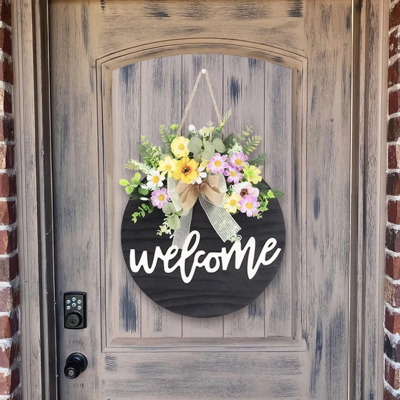 

X37B Greeting Sign Flower Garland Front Door Wood Hanging Wreath Porch Rustic Hanger
